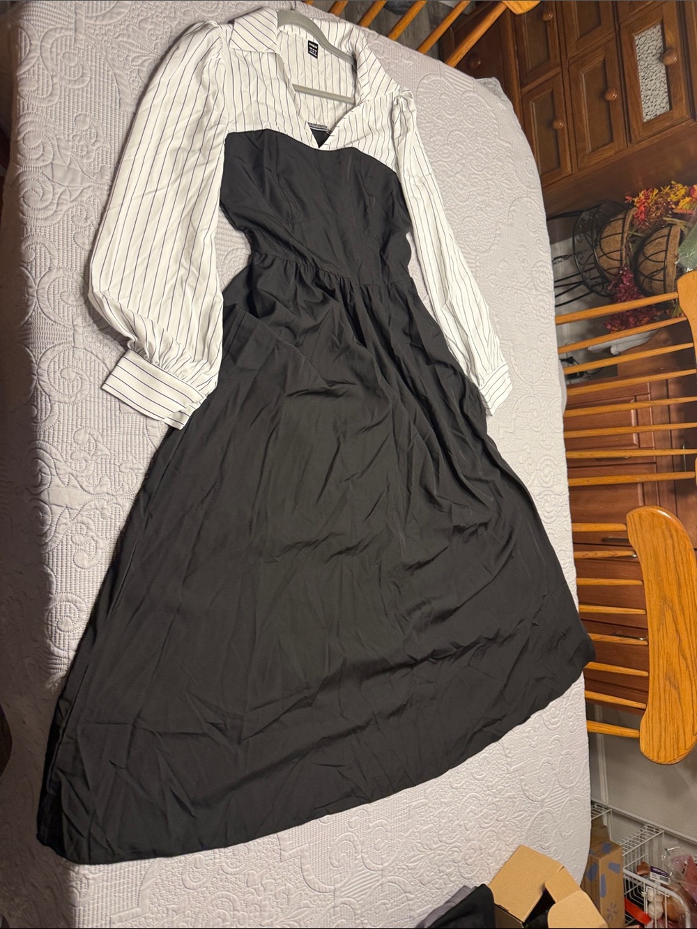 SHEIN Black Strapless Midi Dress with White Pinstripe Blouse Detail